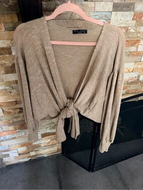 Final Touch Knot-Front Women's Cardigan - Taupe Beige